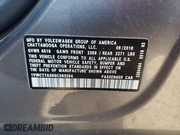 2016 Volkswagen Passat SEL z VIN 1VWCT7A39GC063254, wystawiony jako Copart lot #85563414 z przebiegiem 244 086 mil mil oraz Szkoda całkowita • Salvage title. Historia ofert i sprzedaży dostępna na DreamBid. Obrazek 14.