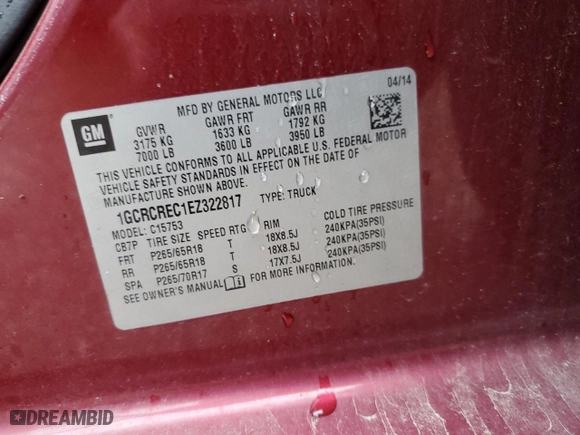 2014 Chevrolet Silverado 1500 LT with VIN 1GCRCREC1EZ322817, listed as a Copart auction lot 52605334 with 212,869 mi miles and Salvage Title. Bid and sale history available at carsss.com. Image 13.