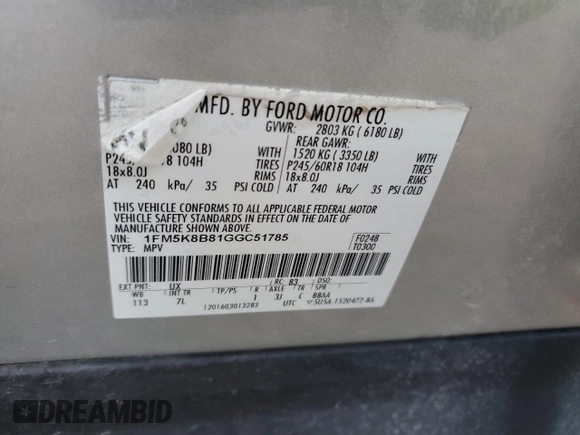 2016 Ford Explorer with VIN 1FM5K8B81GGC51785, listed as a Copart auction lot 82851614 with 94,276 mi miles and Salvage Title. Bid and sale history available at DreamBid. Image 14.