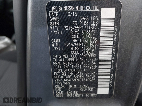 2015 Nissan Juke S with VIN JN8AF5MR4FT510985, listed as a IAAI auction lot 42168898 with 126,413 mi miles and . Bid and sale history available at DreamBid. Image 9.