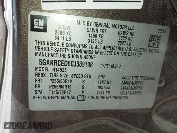 2012 Buick Enclave Leather with VIN 5GAKRCED6CJ389108, listed as a IAAI auction lot 41854814 with 211,473 mi miles and . Bid and sale history available at carsss.com. Image 9.
