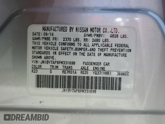 2015 Infiniti Q50 Premium z VIN JN1BV7AP6FM331698, wystawiony jako Copart lot #54261935 z przebiegiem 102 459 mil mil oraz Szkoda całkowita • Salvage title. Historia ofert i sprzedaży dostępna na DreamBid. Obrazek 13.