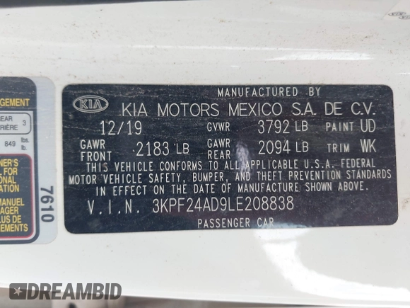 2020 Kia Forte LXS z VIN 3KPF24AD9LE208838, wystawiony jako IAAI lot #42149658 z przebiegiem 160 793 mil mil oraz . Historia ofert i sprzedaży dostępna na DreamBid. Obrazek 9.