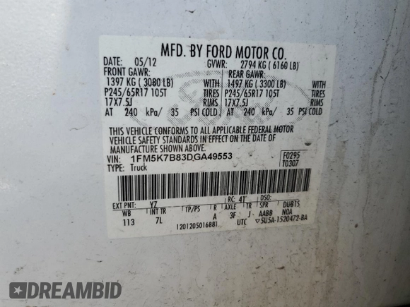 2013 Ford Explorer с VIN 1FM5K7B83DGA49553, выставлен на аукционе Copart как лот 61458975 с пробегом Не указан миль и Списание • Salvage title. История ставок и продаж доступна на DreamBid. Изображение 13.