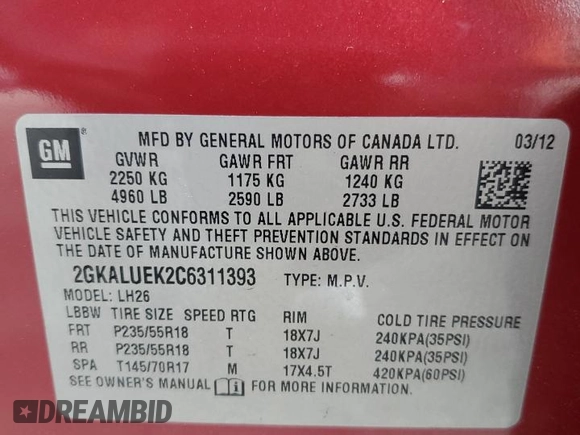 2012 GMC Terrain SLT-1 with VIN 2GKALUEK2C6311393, listed as a Copart auction lot 54000025 with 99,962 mi miles and Salvage Title. Bid and sale history available at DreamBid. Image 13.