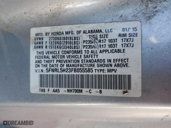2015 Honda Odyssey LX with VIN 5FNRL5H23FB055585, listed as a Copart auction lot 84622384 with 239,344 mi miles and Clean Title. Bid and sale history available at carsss.com. Image 13.