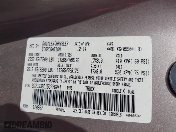 2005 Dodge 3500 SLT z VIN 3D7LS38C15G776041, wystawiony jako IAAI lot #42358059 z przebiegiem 93 860 mil mil oraz . Historia ofert i sprzedaży dostępna na DreamBid. Obrazek 9.