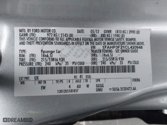 2012 Ford Focus SE with VIN 1FAHP3F21CL420948, listed as a IAAI auction lot 41271475 with 83,552 mi miles. Bid and sale history available at carsss.com. Image 9.
