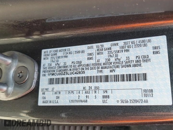 2020 Ford Escape Titanium Hybrid with VIN 1FMCU0DZ5LUC42835, listed as a Copart auction lot 64339785 with 83,515 mi miles and Non repairable. Bid and sale history available at DreamBid. Image 12.