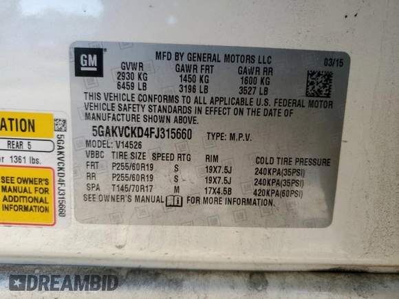 2015 Buick Enclave Premium with VIN 5GAKVCKD4FJ315660, listed as a Copart auction lot 52510815 with 134,963 mi miles and Salvage Title. Bid and sale history available at DreamBid. Image 14.