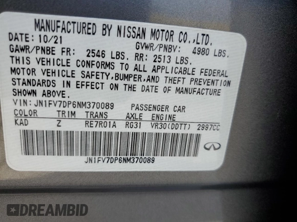 2022 Infiniti Q50 Red Sport 400 with VIN JN1FV7DP6NM370089, listed as a Copart auction lot 59700995 with 24,278 mi miles and Salvage title. Bid and sale history available at DreamBid. Image 12.