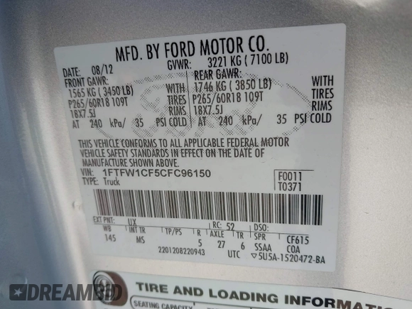 2012 Ford F-150 XL with VIN 1FTFW1CF5CFC96150, listed as a IAAI auction lot 41500200 with 265,365 mi miles. Bid and sale history available at carsss.com. Image 9.