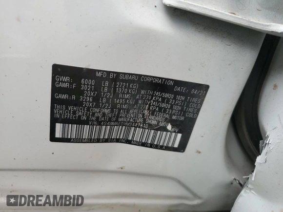 2021 Subaru Ascent Premium z VIN 4S4WMAEDXM3447810, wystawiony jako Copart lot #48002205 z przebiegiem 47 576 mil mil oraz Szkoda całkowita • Salvage title. Historia ofert i sprzedaży dostępna na DreamBid. Obrazek 14.