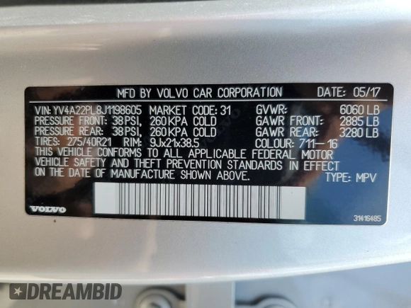 2018 Volvo XC90 Inscription with VIN YV4A22PL8J1198605, listed as a Copart auction lot 57993745 with 115,708 mi miles and Non repairable. Bid and sale history available at DreamBid. Image 14.