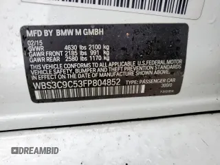 2015 BMW M3 with VIN WBS3C9C53FP804852, listed as a Copart auction lot 60837835 with Not provided miles and Salvage title. Bid and sale history available at DreamBid. Image 12.