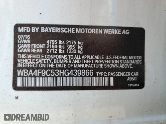2017 BMW 4 Series 430i xDrive with VIN WBA4F9C53HG439866, listed as a Copart auction lot 67025645 with Not provided miles and Clean title. Bid and sale history available at DreamBid. Image 12.
