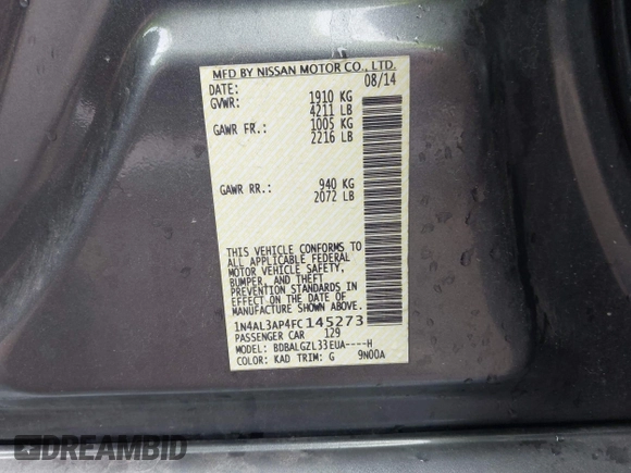 2015 Nissan Altima 2.5 S with VIN 1N4AL3AP4FC145273, listed as a IAAI auction lot 41918180 with 136,239 mi miles. Bid and sale history available at carsss.com. Image 9.