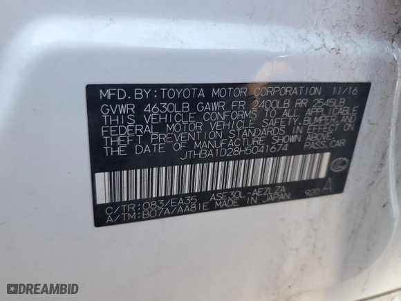 2017 Lexus IS with VIN JTHBA1D28H5041674, listed as a Copart auction lot 43038745 with 0 mi miles and Salvage Title. Bid and sale history available at carsss.com. Image 14.