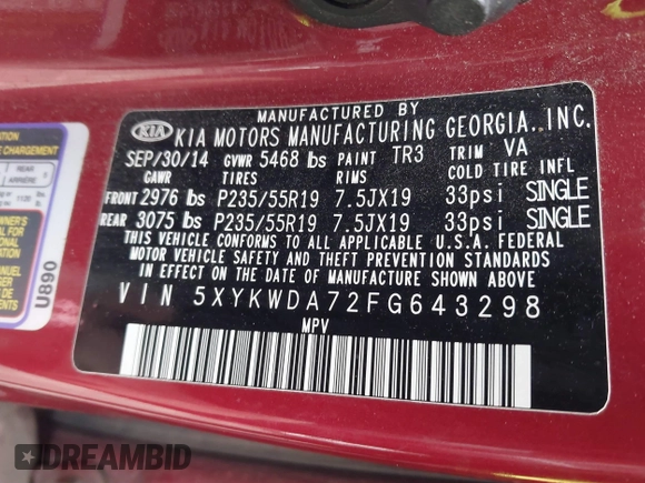 2015 Kia Sorento SX Limited with VIN 5XYKWDA72FG643298, listed as a IAAI auction lot 41670573 with 115,613 mi miles. Bid and sale history available at carsss.com. Image 9.
