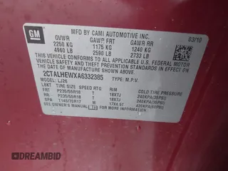 2010 GMC Terrain SLT-2 with VIN 2CTALHEWXA6332385, listed as a IAAI auction lot 41648118 with 162,159 mi miles and . Bid and sale history available at carsss.com. Image 9.