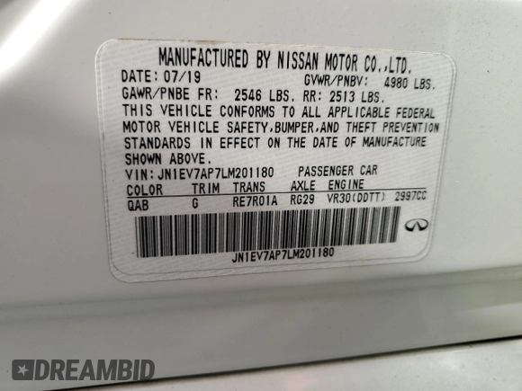 2020 Infiniti Q50 Sport z VIN JN1EV7AP7LM201180, wystawiony jako Copart lot #57752565 z przebiegiem 69 094 mil mil oraz Nie do naprawy • Non repairable. Historia ofert i sprzedaży dostępna na DreamBid. Obrazek 12.