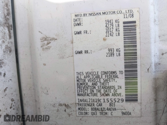 2009 Nissan Altima S with VIN 1N4AL21E19C155529, listed as a IAAI auction lot 42093236 with 210,256 mi miles and . Bid and sale history available at DreamBid. Image 9.