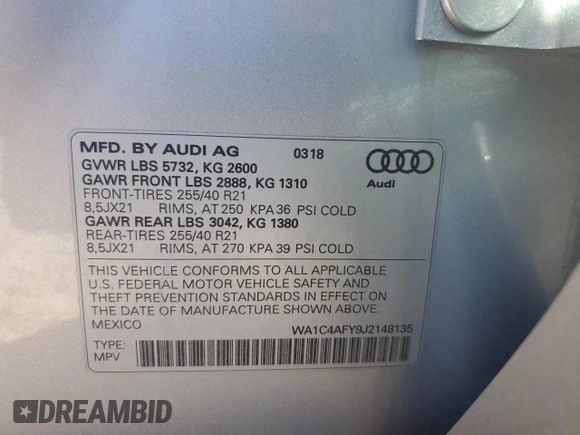 2018 Audi SQ5 Prestige with VIN WA1C4AFY9J2148135, listed as a Copart auction lot 74300274 with 40,290 mi miles and Salvage Title. Bid and sale history available at DreamBid. Image 12.