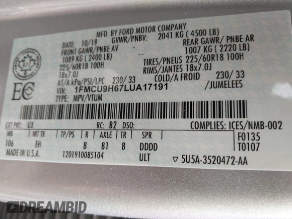 2020 Ford Escape SEL with VIN 1FMCU9H67LUA17191, listed as a IAAI auction lot 42253296 with 36,324 mi miles and . Bid and sale history available at DreamBid. Image 9.