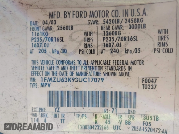 2003 Ford Explorer XLT with VIN 1FMZU63K93UC17079, listed as a IAAI auction lot 42301417 with 137,632 mi miles and . Bid and sale history available at DreamBid. Image 9.