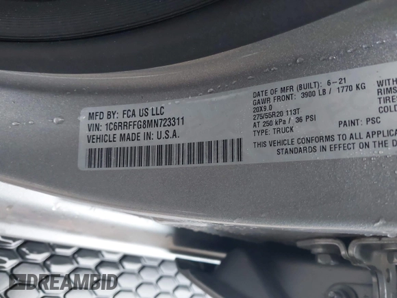 2021 Ram 1500 Big Horn with VIN 1C6RRFFG8MN723311, listed as a IAAI auction lot 41476374 with 39,355 mi miles and . Bid and sale history available at DreamBid. Image 9.