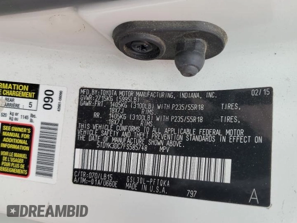 2015 Toyota Sienna XLE with VIN 5TDYK3DC7FS585748, listed as a Copart auction lot 55459495 with Not provided miles and Salvage title. Bid and sale history available at DreamBid. Image 13.