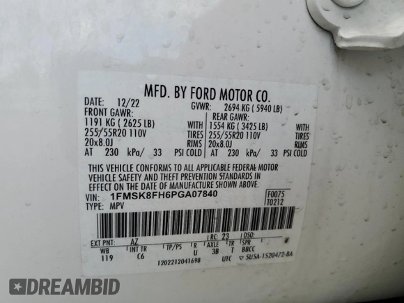 2023 Ford Explorer Limited z VIN 1FMSK8FH6PGA07840, wystawiony jako Copart lot #54852765 z przebiegiem 41 117 mil mil oraz Szkoda całkowita • Salvage title. Historia ofert i sprzedaży dostępna na DreamBid. Obrazek 14.