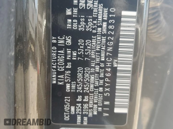 2022 Kia Telluride S with VIN 5XYP64HC7NG228310, listed as a Copart auction lot 51852855 with 64,468 mi miles and Salvage title. Bid and sale history available at DreamBid. Image 13.