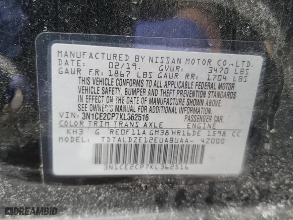 2019 Nissan Versa Note SV with VIN 3N1CE2CP7KL362516, listed as a Copart auction lot 42712255 with 88,076 mi miles and Salvage Title. Bid and sale history available at carsss.com. Image 12.