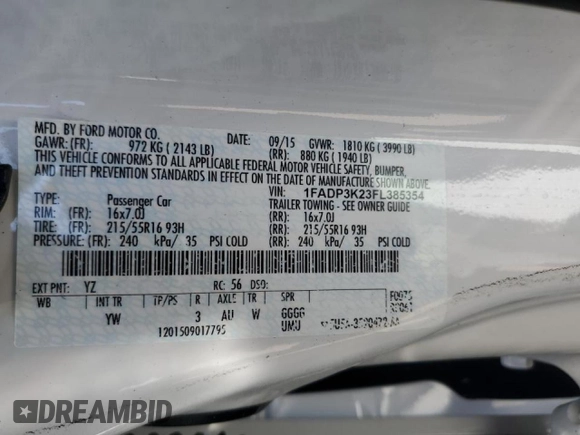 2015 Ford Focus SE with VIN 1FADP3K23FL385354, listed as a Copart auction lot 49292895 with 44,876 mi miles and Salvage Title. Bid and sale history available at carsss.com. Image 12.