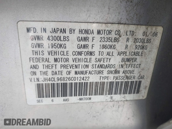2006 Acura TSX with VIN JH4CL96826C012422, listed as a IAAI auction lot 42098806 with 186,706 mi miles and . Bid and sale history available at DreamBid. Image 9.
