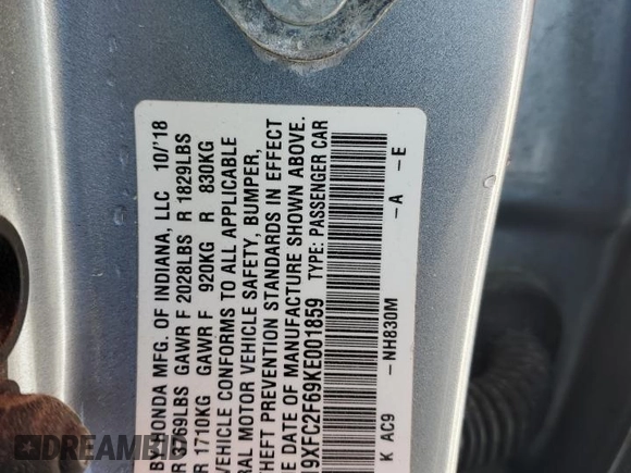 2019 Honda Civic Sedan LX with VIN 19XFC2F69KE001859, listed as a Copart auction lot 49617075 with 98,781 mi miles and Salvage Title. Bid and sale history available at carsss.com. Image 12.