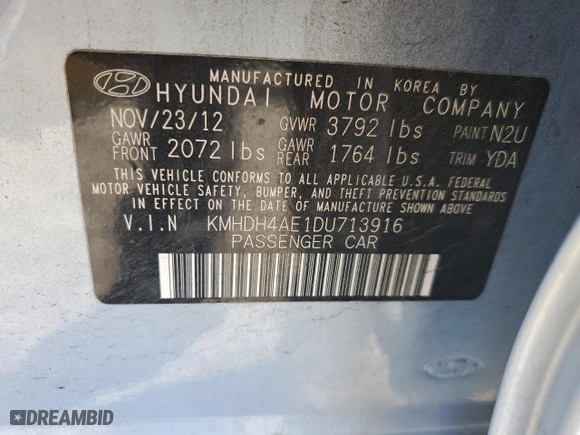 2013 Hyundai Elantra Limited with VIN KMHDH4AE1DU713916, listed as a Copart auction lot 49657565 with 155,970 mi miles and Salvage Title. Bid and sale history available at carsss.com. Image 14.