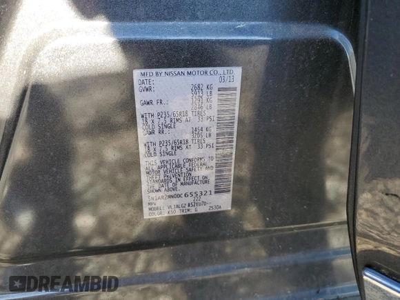 2013 Nissan Pathfinder SL with VIN 5N1AR2MN0DC655321, listed as a Copart auction lot 49452085 with 140,139 mi miles and Clean Title. Bid and sale history available at DreamBid. Image 13.
