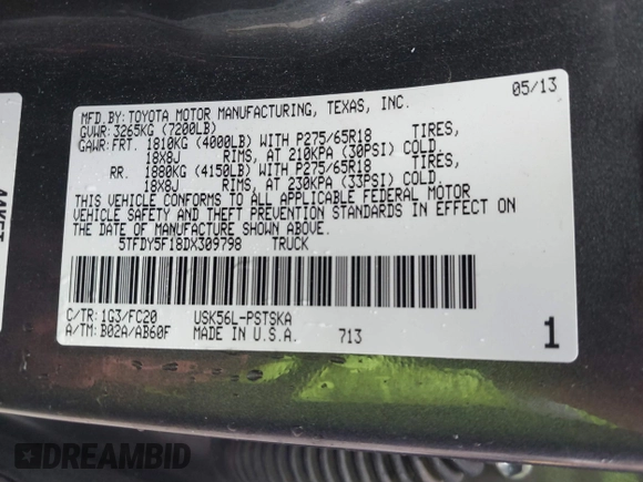 2013 Toyota Tundra с VIN 5TFDY5F18DX309798, выставлен на аукционе IAAI как лот 41711578 с пробегом 123 642 миль миль и . История ставок и продаж доступна на DreamBid. Изображение 9.