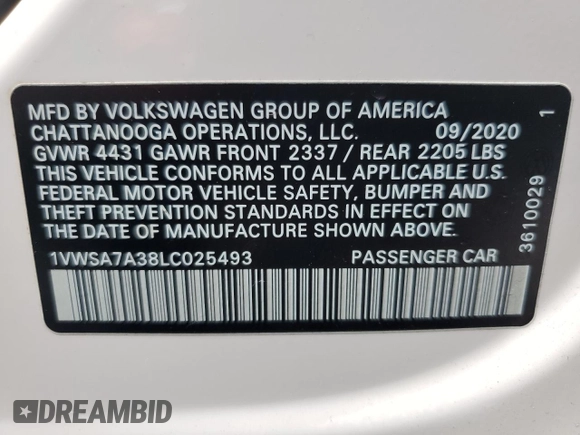 2020 Volkswagen Passat SE z VIN 1VWSA7A38LC025493, wystawiony jako Copart lot #60131125 z przebiegiem 45 060 mil mil oraz Szkoda całkowita • Salvage title. Historia ofert i sprzedaży dostępna na DreamBid. Obrazek 12.
