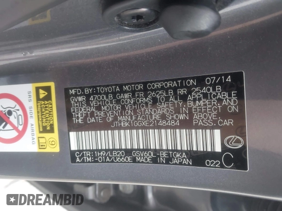 2014 Lexus ES 330 z VIN JTHBK1GGXE2148484, wystawiony jako IAAI lot #42186766 z przebiegiem 117 217 mil mil oraz . Historia ofert i sprzedaży dostępna na DreamBid. Obrazek 9.
