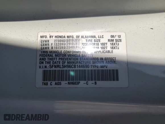 2012 Honda Odyssey Touring with VIN 5FNRL5H96CB144690, listed as a Copart auction lot 54192925 with 44,030 mi miles and Clean Title. Bid and sale history available at carsss.com. Image 13.