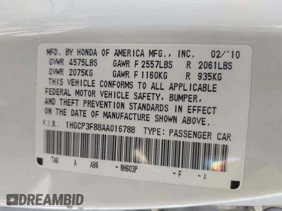 2010 Honda Accord EX-L z VIN 1HGCP3F88AA016788, wystawiony jako IAAI lot #41794302 z przebiegiem 134 340 mil mil oraz . Historia ofert i sprzedaży dostępna na DreamBid. Obrazek 9.