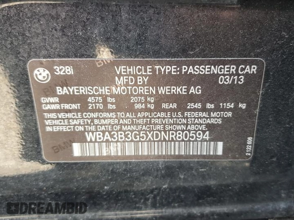 2013 BMW 3 Series 328i xDrive with VIN WBA3B3G5XDNR80594, listed as a Copart auction lot 44258335 with 148,620 mi miles and Salvage Title. Bid and sale history available at carsss.com. Image 12.