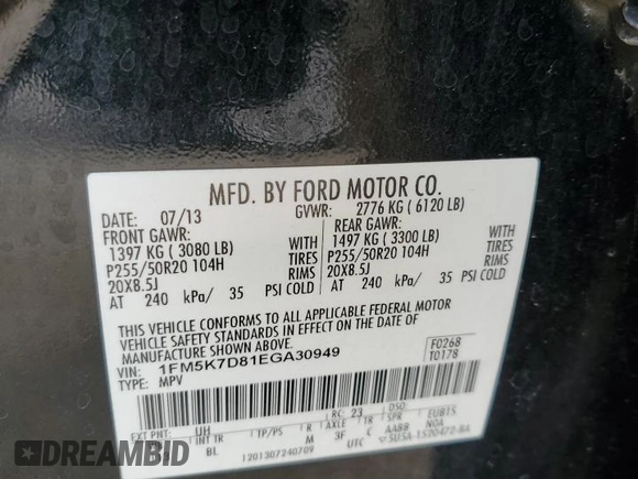 2014 Ford Explorer XLT z VIN 1FM5K7D81EGA30949, wystawiony jako Copart lot #55057095 z przebiegiem Nie podano mil oraz Szkoda całkowita • Salvage title. Historia ofert i sprzedaży dostępna na DreamBid. Obrazek 13.