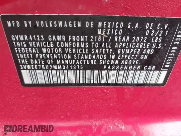 2021 Volkswagen Jetta SEL with VIN 3VWE57BU2MM041875, listed as a IAAI auction lot 41534030 with 20,282 mi miles and . Bid and sale history available at DreamBid. Image 9.