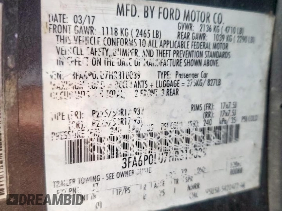 2017 Ford Fusion Hybrid SE with VIN 3FA6P0LU7HR318039, listed as a Copart auction lot 63575325 with 106,355 mi miles and Salvage title. Bid and sale history available at DreamBid. Image 12.