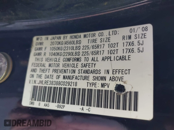 2008 Honda CR-V LX with VIN JHLRE38388C029218, listed as a IAAI auction lot 42157131 with 198,426 mi miles and . Bid and sale history available at carsss.com. Image 9.