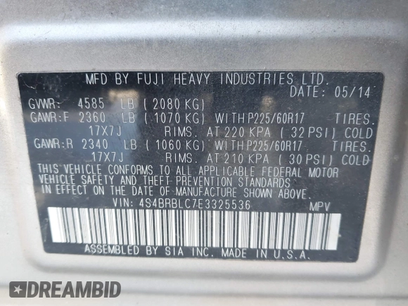 2014 Subaru Outback Limited with VIN 4S4BRBLC7E3325536, listed as a IAAI auction lot 41209727 with 128,758 mi miles and . Bid and sale history available at DreamBid. Image 9.